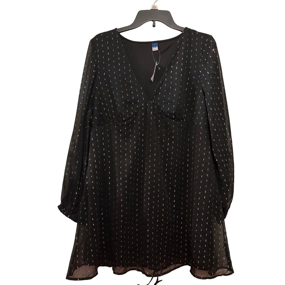 Old Navy Women's Dress Large NWT Black Metallic Dot Chiffon Long Sheer Sleeves